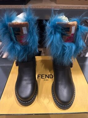 Fendi Kids Black Leather Boots with Teal Fur Cuff